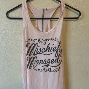 Mischief Managed worn pink tank top